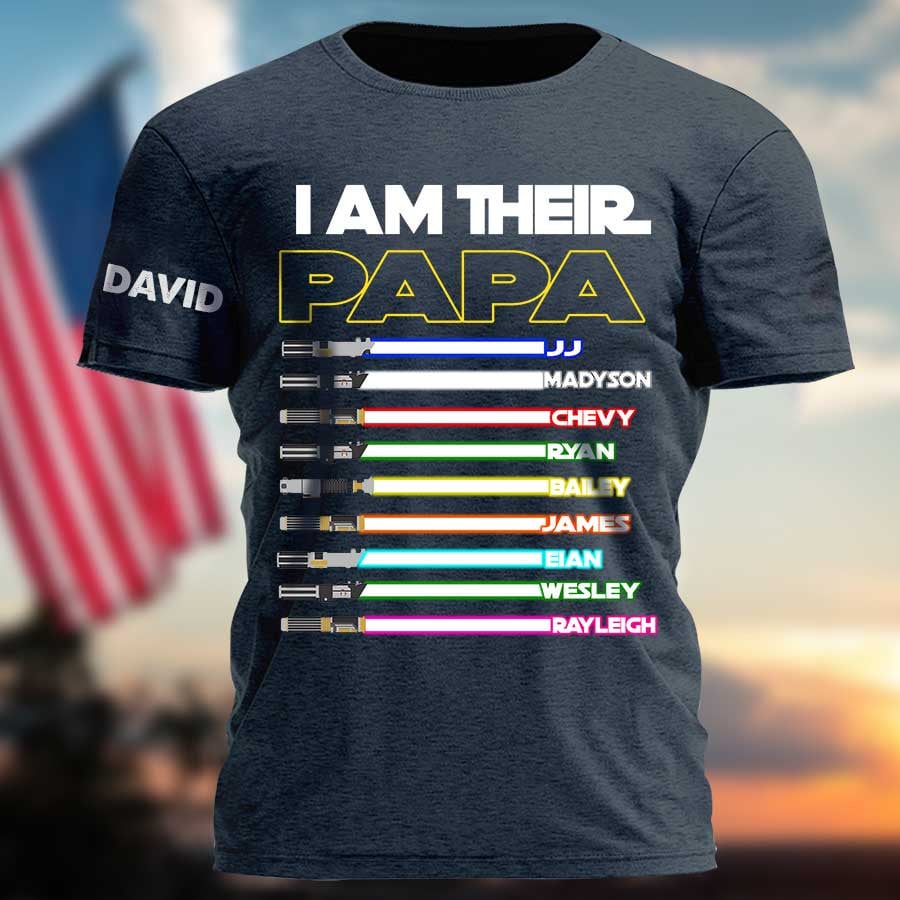 Personalized I Am Their Papa T Shirt, Grandpa Star Was Shirt, Lightsabers Grandkid Names On Sleeves T Shirt