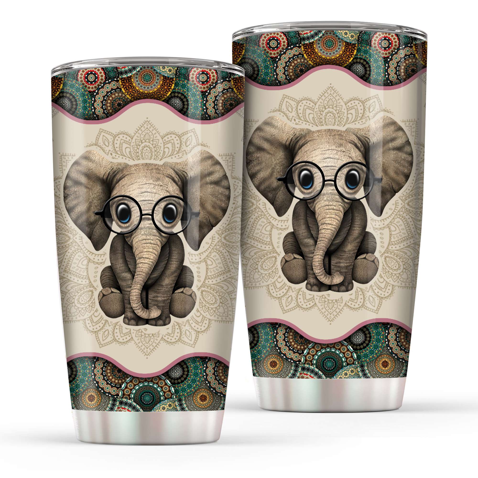 Elephant Vintage Mandala Normal Tumbler 20Oz Gift Stainless Steel Tumbler Cup With Daily Cup