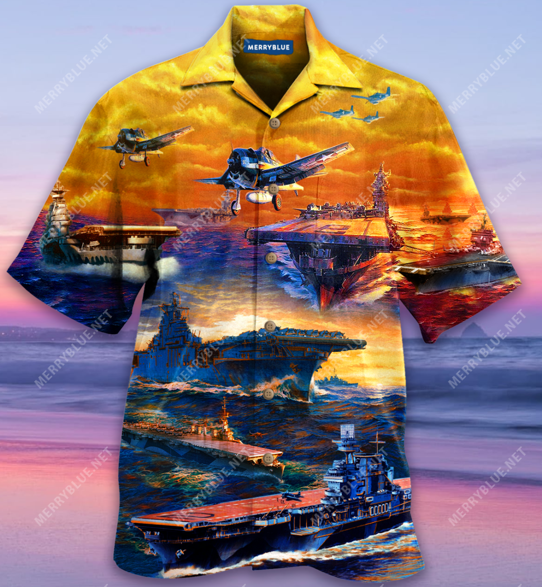 Aircraft Carrier In The Sunset Unisex Hawaii Shirt Ha13302