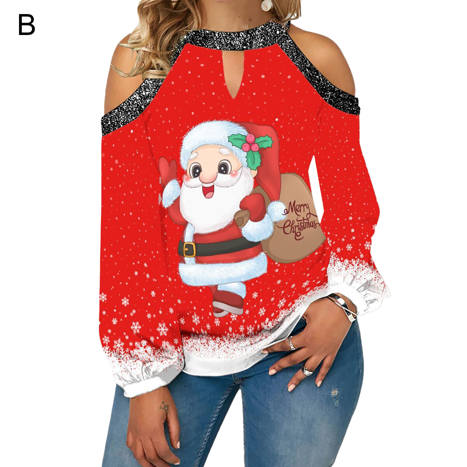 Trendy Xmas Blouse Christmas Print Top Halter Hollow Out Long Sleeve Xmas Blouse Women Blouse Women Blouse alx