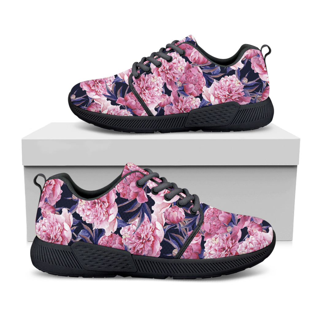 Vintage Pink Peony Floral Print Black Athletic Shoes