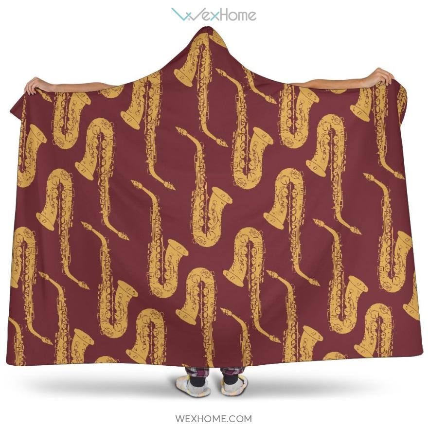 Hand Drawn Gold Saxophone Red Background  Hooded Blanket