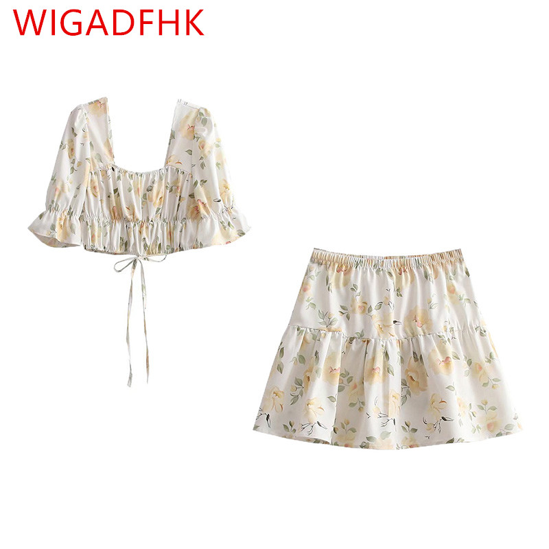 Spring And Autumn New Za Women’s Fashion Suit Retro Square Neck Puff Sleeve Printed Short Top Two-piece Skirt Foreign Style alx