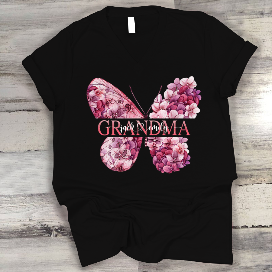 Grandma Butterfly Flower Mother’S Day Custom Kids Name V-Neck