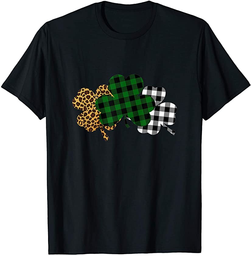 Buffalo Plaid Leopard Shamrock Clover Lucky St Patricks Day T-Shirt