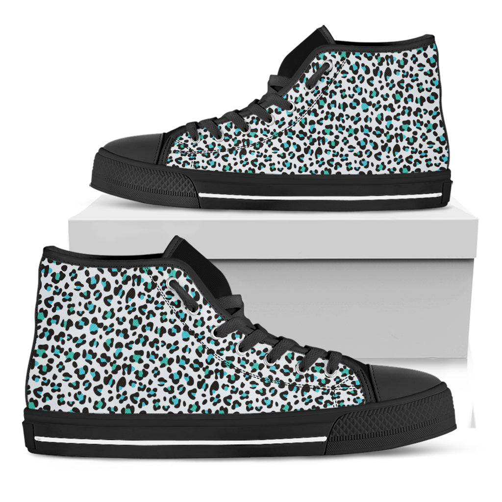 White And Teal Leopard Print Black High Top Shoes