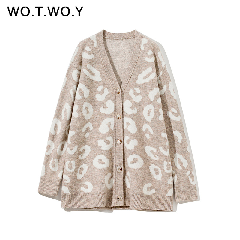 WOTWOY Autumn Winter V-Neck Knitted Cardigans Women Single Breasted Printed Loose Sweaters Female Casual Cardigans Soft Knitwear alx