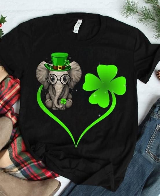 St Patrick’s Day Elephant Heart Shamrock Graphic Unisex T Shirt, Sweatshirt, Hoodie Size S – 5XL