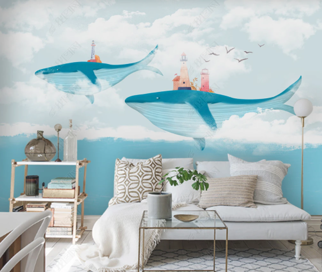 3D Cartoon Whale Sky Clouds Wall Mural Wallpaper Sww 96