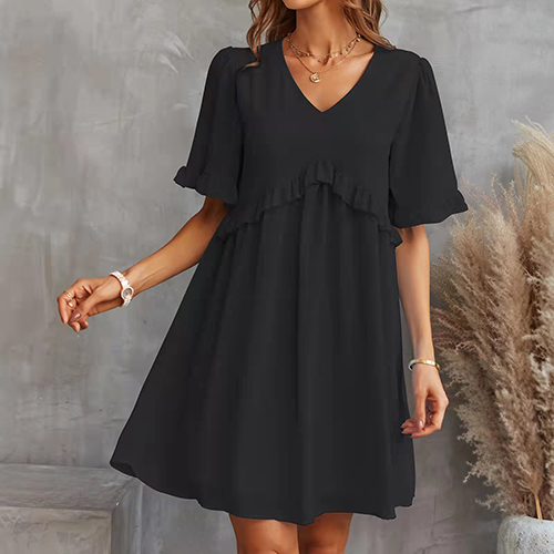 2022 Summer New Simple Casual Women’s Loose Solid Color V-Neck Short-Sleeved Thin Chiffon Dress alx