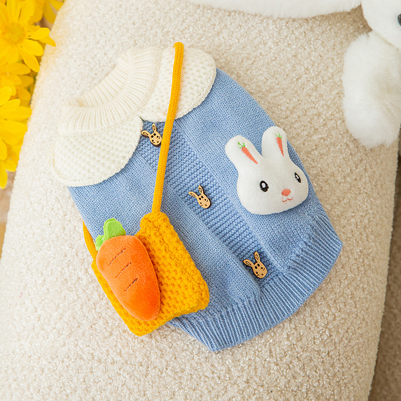 Pet Autumn Winter Kawaii Blue Rabbit with Carrot Design Sweater Cute Dogs Cats Outdoor Warm Clothes Pet Clothes alx