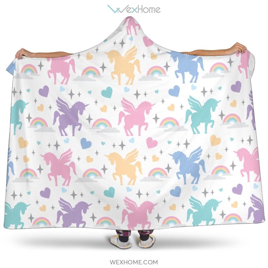 Colorful Unicorn Rainbow Heart Pattern Hooded Blanket