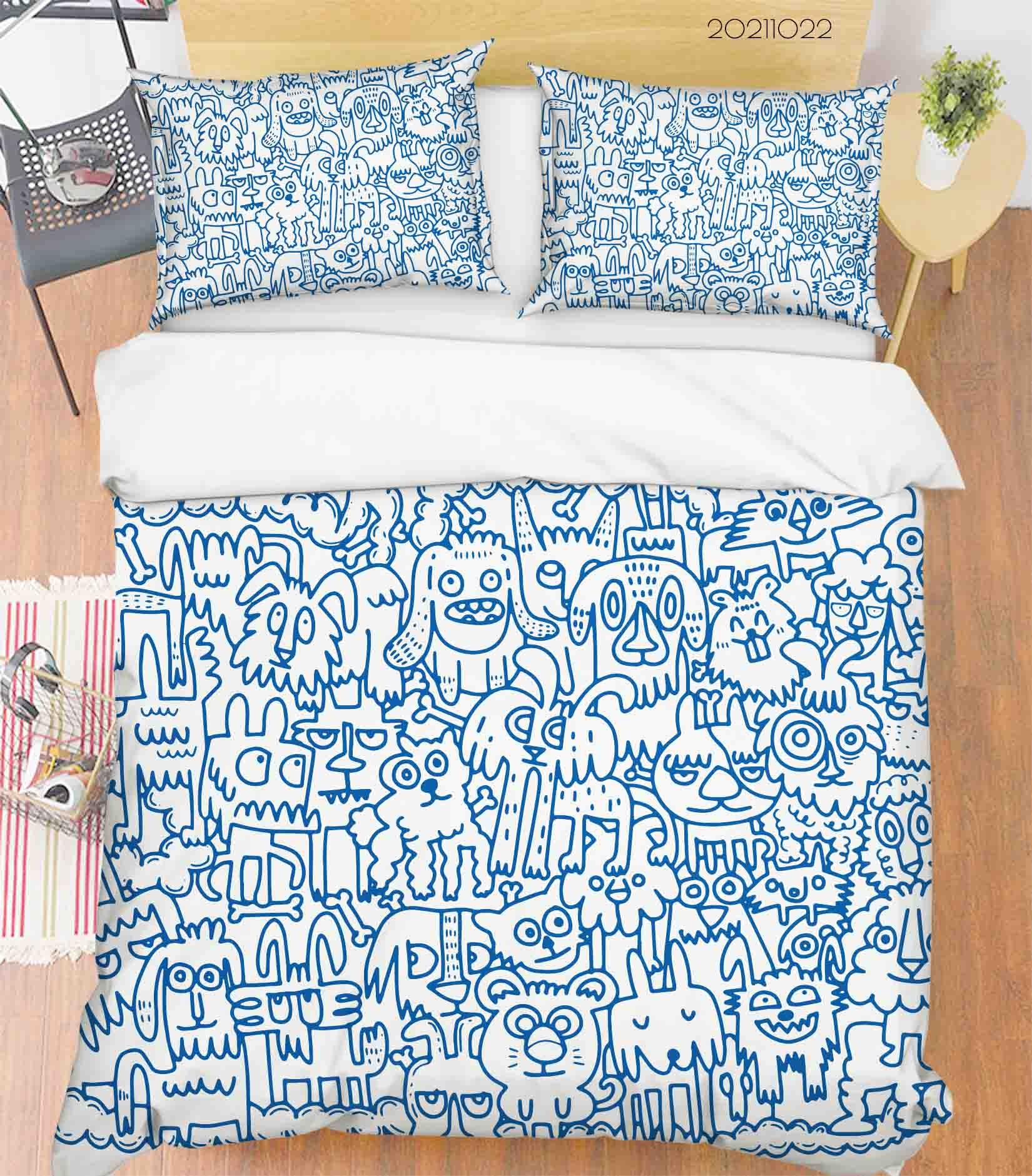 3D Cartoon Animal Doodle Quilt Cover Set Bedding Set Duvet Cover Pillowcases 38