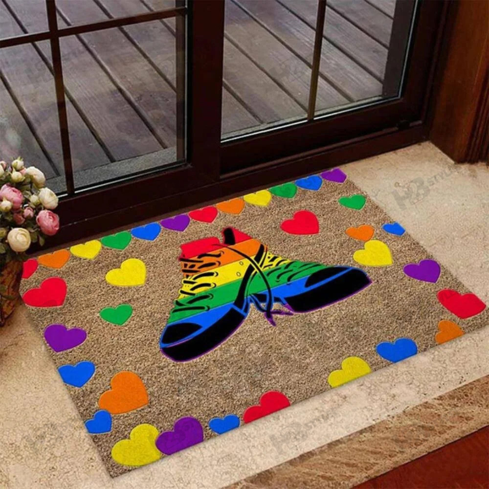 Lgbt Support Coir Pattern – Colorful Rainbow Shoes Heart Doormat