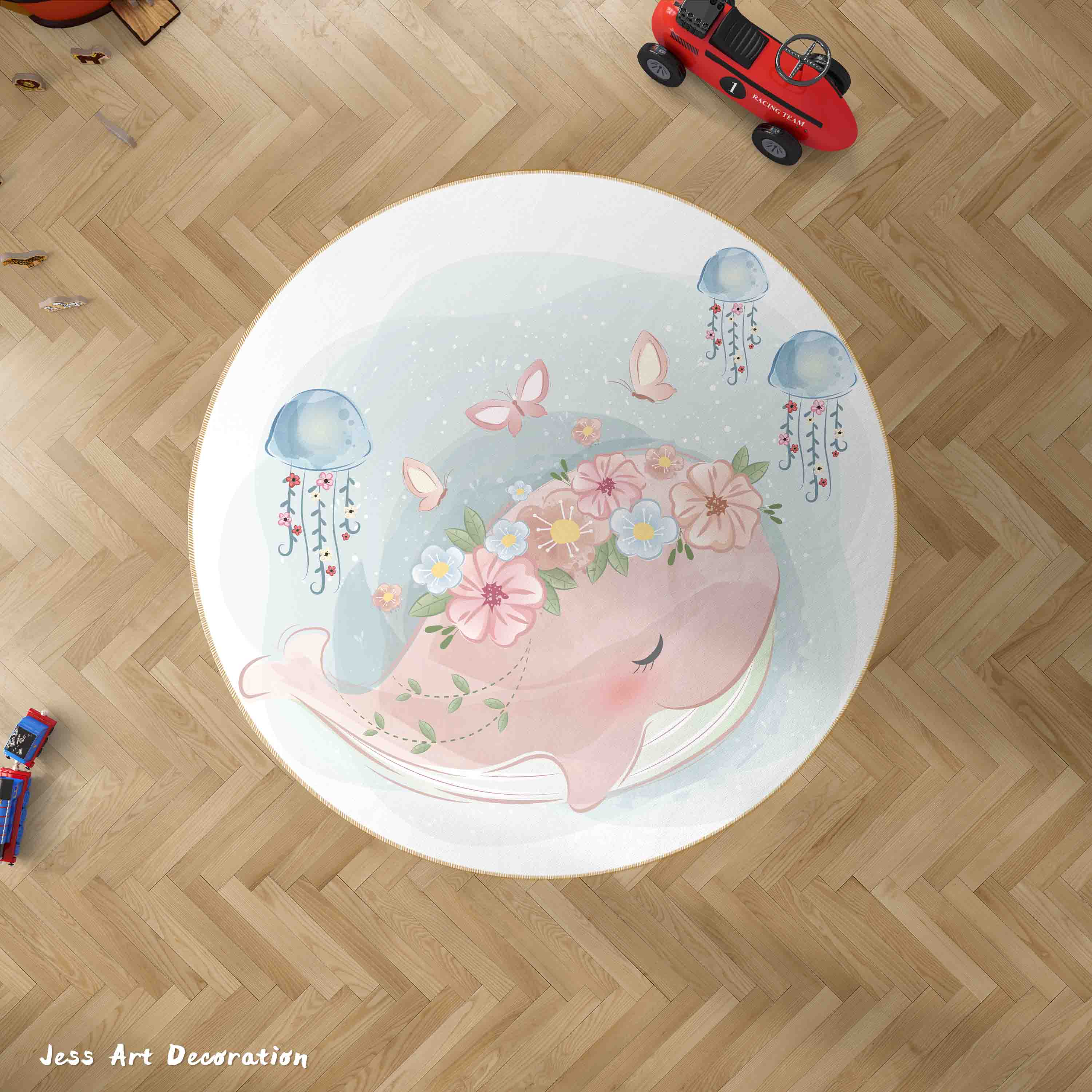 3D Cartoon Dolphin Floral Jellyfish Kids Non-Slip Round Rug Mat 128