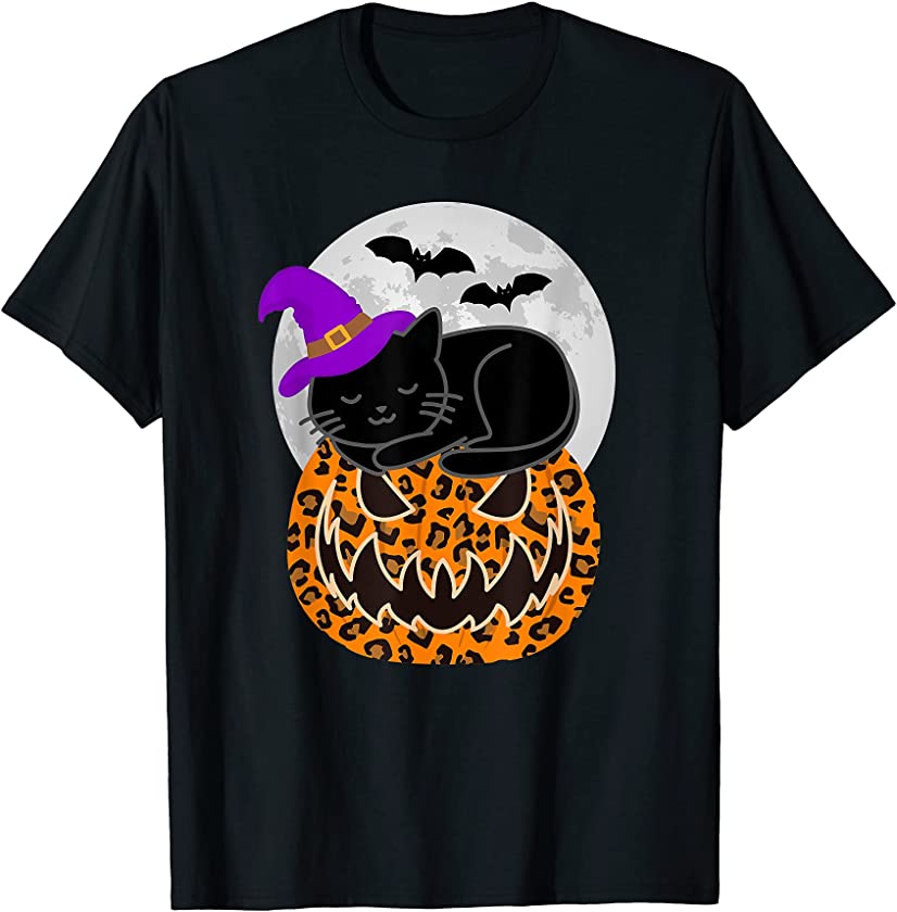 Cute Black Cat Witch Scary Leopard Print Pumpkin Halloween T-Shirt