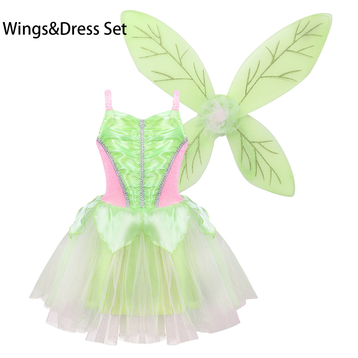 TiaoBug Kids Girls Princess Fairy Costume Sleeveless Mesh Dress Glittery Wings Set Children Halloween Cosplay Party Dress Up alx