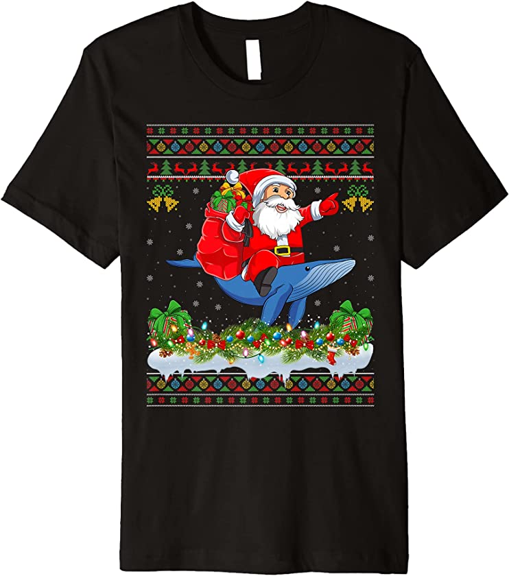 Blue Whale Xmas Ugly Santa Riding Blue Whale Christmas Premium T-Shirt