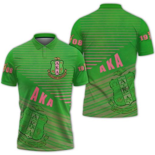 Alpha Kappa Alpha Aka Emblem Striped Pattern Green Polo Shirt