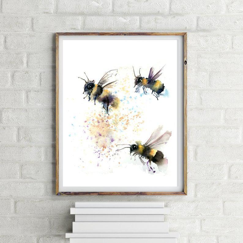 Honey Bee Print Art Watercolor Impressionist Painting Illustration Wall Art Decor Gift Insect Poster