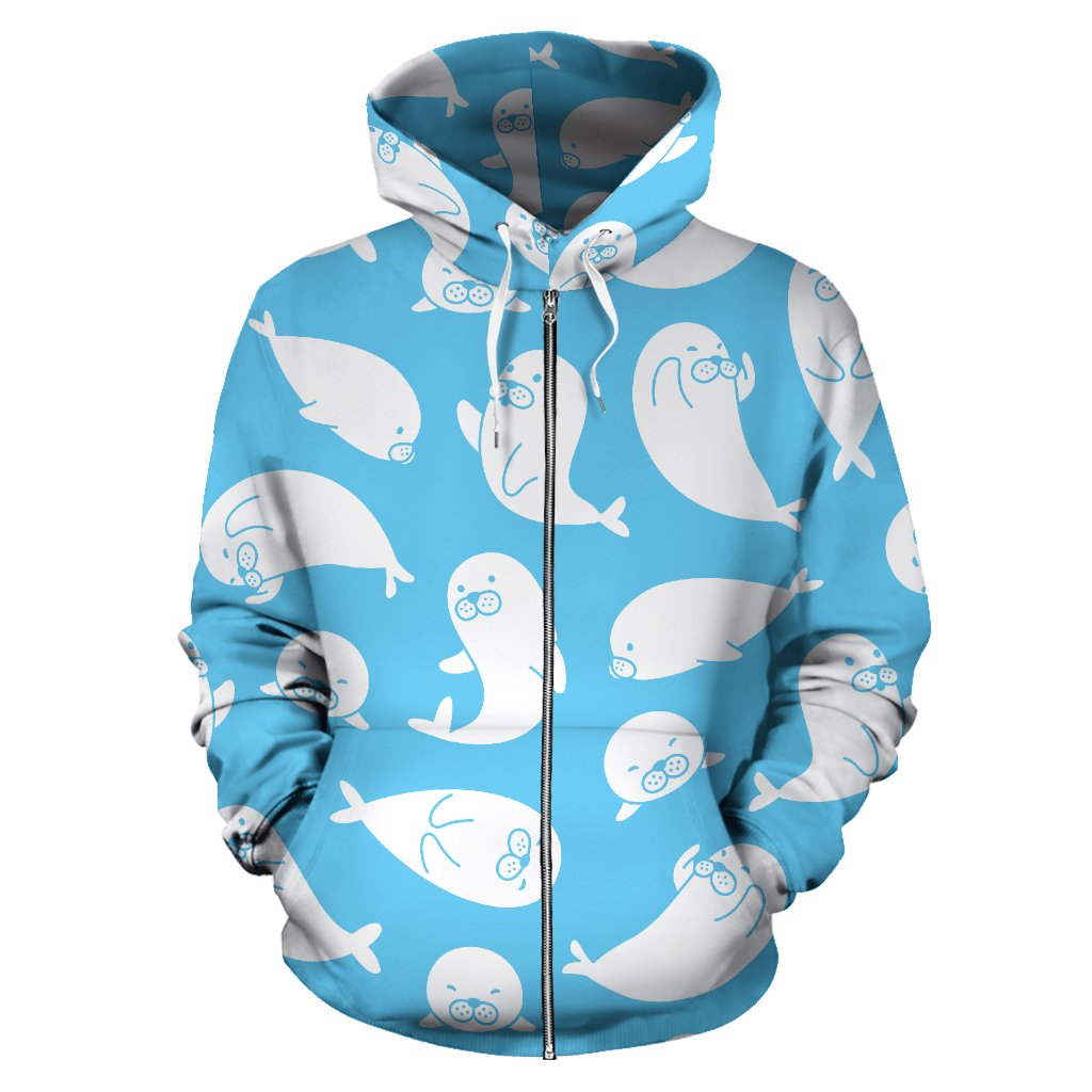 Cute White Sea Lion Seals Pattern Zip Up Hoodie