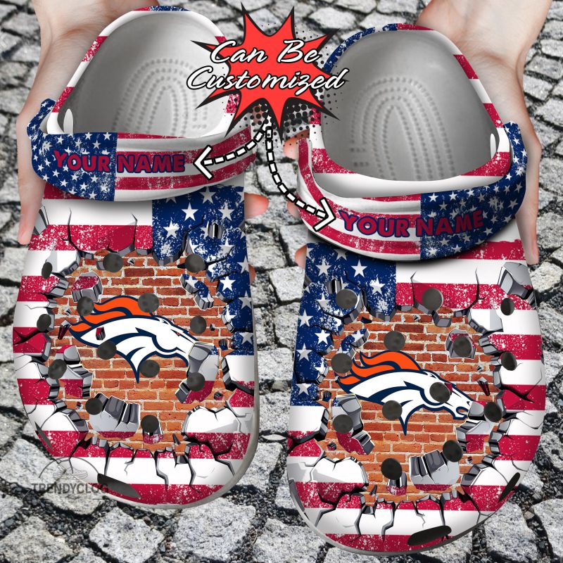 Football Personalized DBroncos American Flag Breaking Wall Clog Shoes