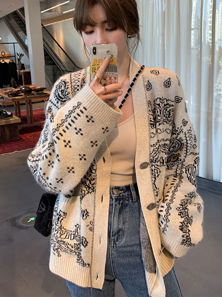 2022 Korean Fashion Autumn and Winter New V-neck Button Retro Loose Sweater Coat Women Casual Women’s Cardigan Sweater alx