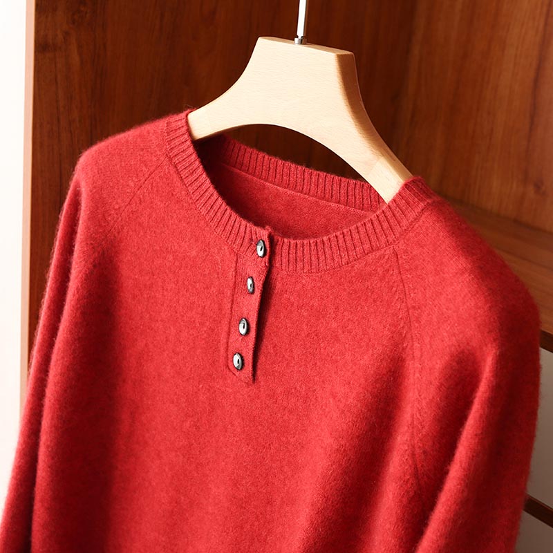 Autumn And Winter Round Neck Pure Wool Pullover Women’s Short Loose Knit Sweater Casual Style Buttoned All-Match Bottoming Shirt alx