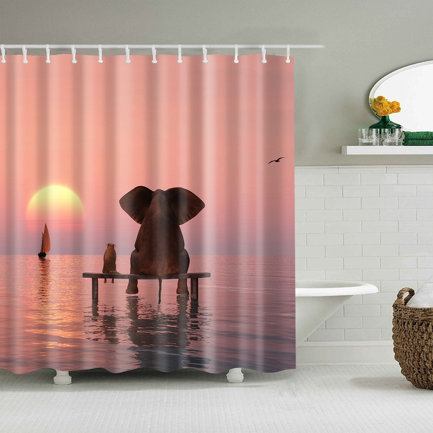 Elephant With Dog Sunset Ocean Friendship 3D Printed Shower Curtain Gift Home Decor