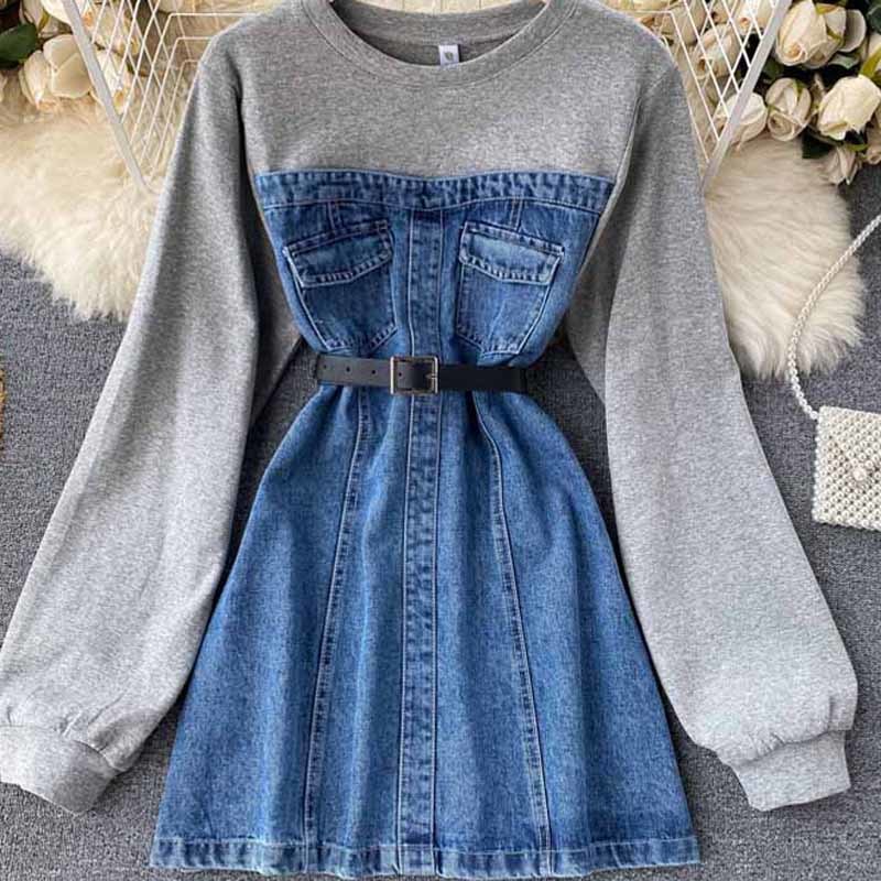 Sweatshirt Patchwork Mini Jeans Dress with Belt Chic Blue White Black Women Hoodies Denim Dress Fashion Long Sleeve Cotton Dress alx