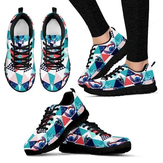 Stitch Christmas Floral Print Sneakers, Women’S Sneakers, Handmade Crafted Sneaker Black Shoes Birthday Gift Fashion Fly Sneakers