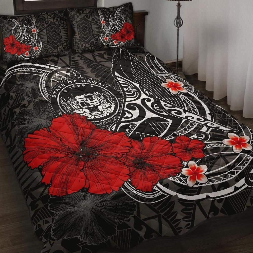 Alohawaii Home Set – Quilt Bed Set Polynesian Hawaii – Humpback Whale With Hibiscus (White) – Bn15