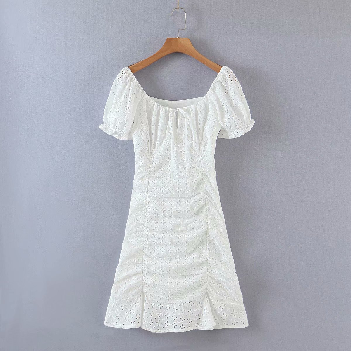 White dresses for women 2022 Summer elegant dresses short sleeve mini dress vintage embroidered square neck dresses ruched alx