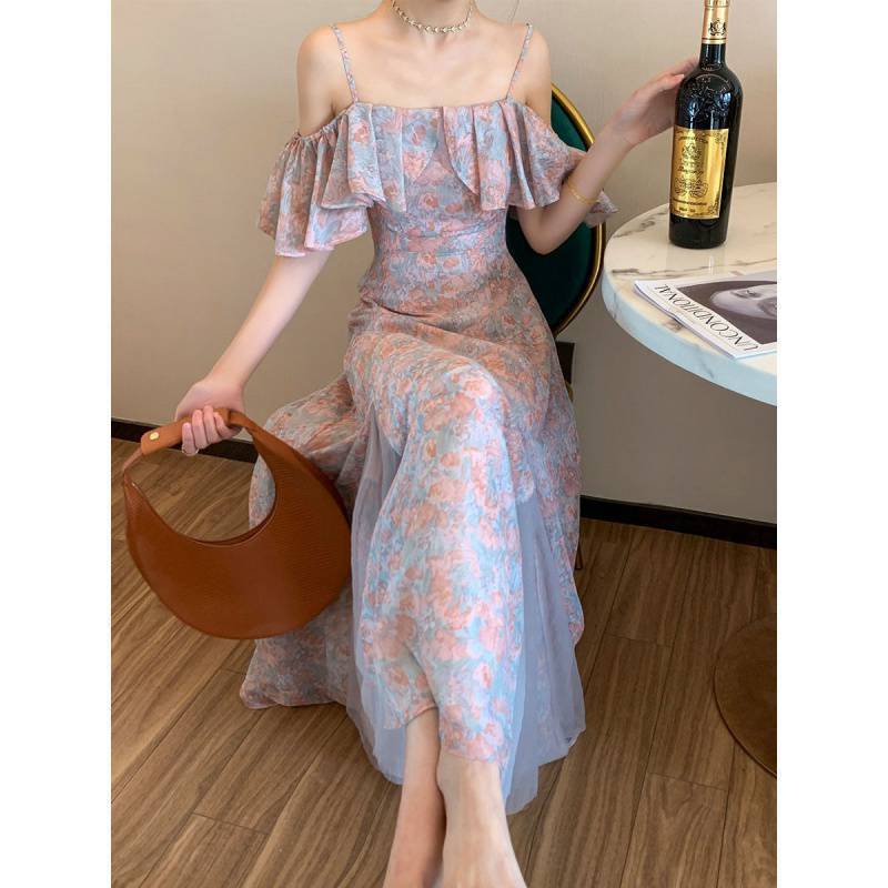 Women’s Mesh Stitching Strapless Mixi Dress Holiday Ladies Vestidos Female Robe Summer Elegant Chiffon Floral Strap Sundress Y2k alx