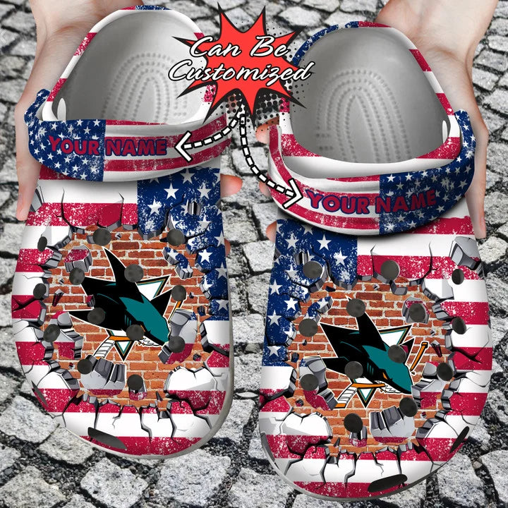 Hockey Crocss – Personalized Sj Sharks American Flag Breaking Wall Clog Shoes1