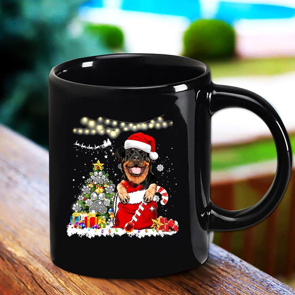 Christmas Cute Rottweiler Merry Christmas Dog Wearing Santa Hat Candy Cane Paw Print Dog Colorful Light Dog Lovers Gift Black Mug