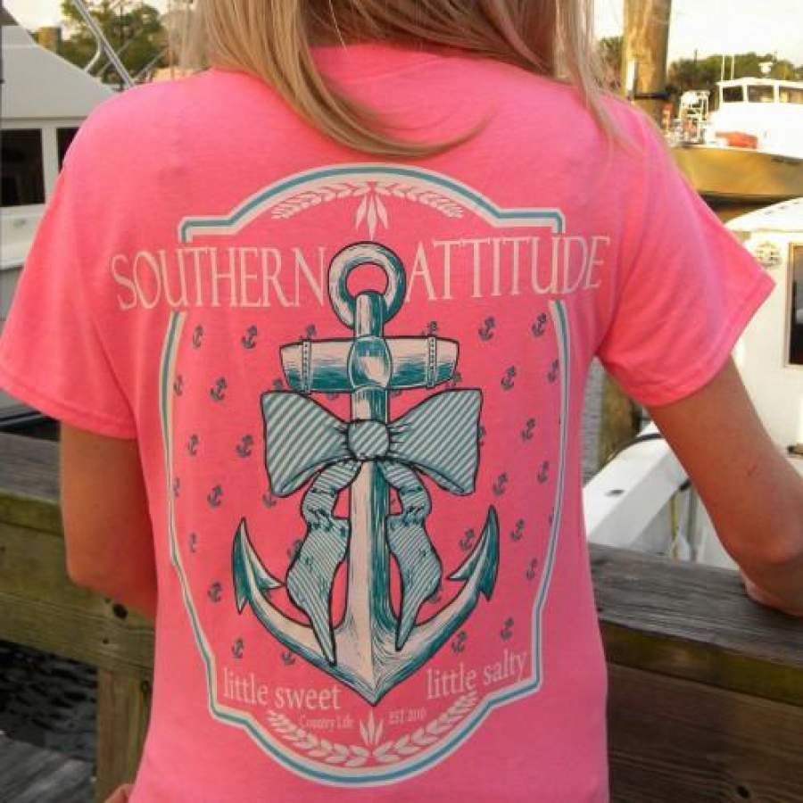 Country Life Outfitters Southern Attitude Anchor Bow Pink Vintage Girlie Bright T Shirt