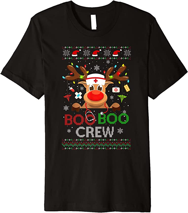 Boo Boo Crew Reindeer Nurse Buffalo Plaid Ugly Christmas Premium T-Shirt