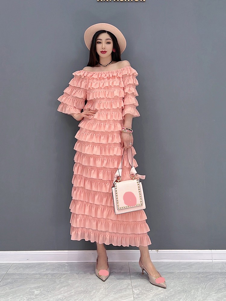 XITAO Fashion Sold Color Dress Casual Temperament Slash Neck Three Quarter Cascading Ruffle Women 2022 New Dress WLD7913 alx