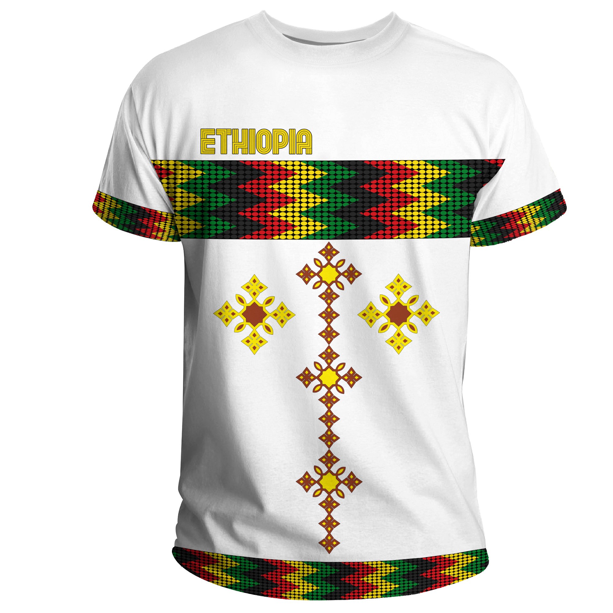 1stTheWorld Ethiopia T-shirt Rasta Round Pattern White (Custom) A10