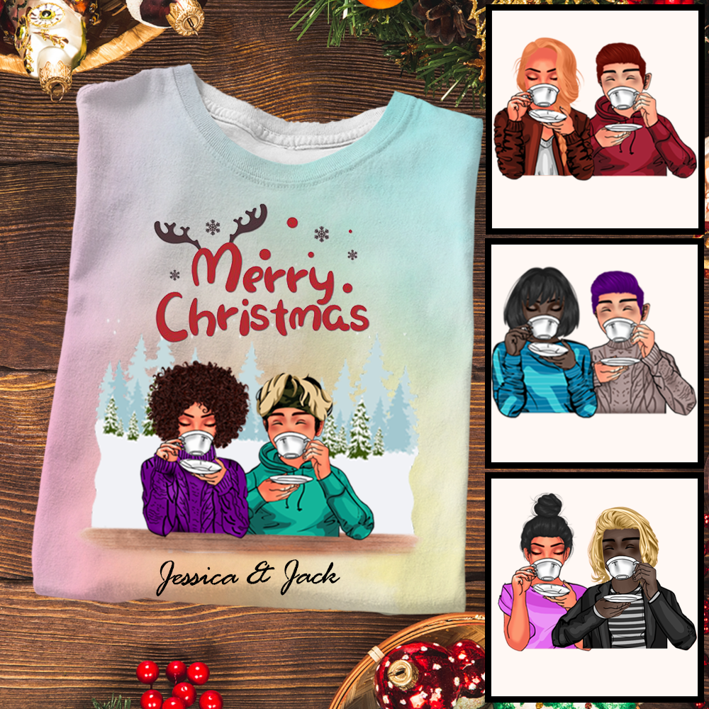 Drinking Coffee Christmas Anniversary Gift Couple Personalized Tie Dye Shirt Sweatshirt Hoodie Ap352