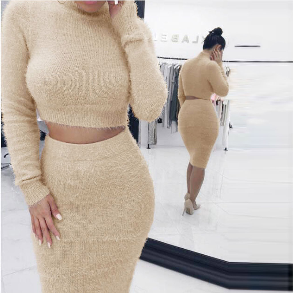 Two Piece Set Women Sweater +Pencil Skirt Suit Long sleeve Fleece Crop Tops Bodycon Skirt 2 Pieces Set Women Knitted Tracksuit alx