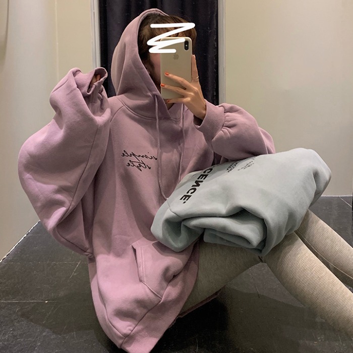 With Hat Hoodies Women Pullover Letters Medium-long Style Warm Thicker Korean Style Students Womens All-match Outfit Top Modern alx