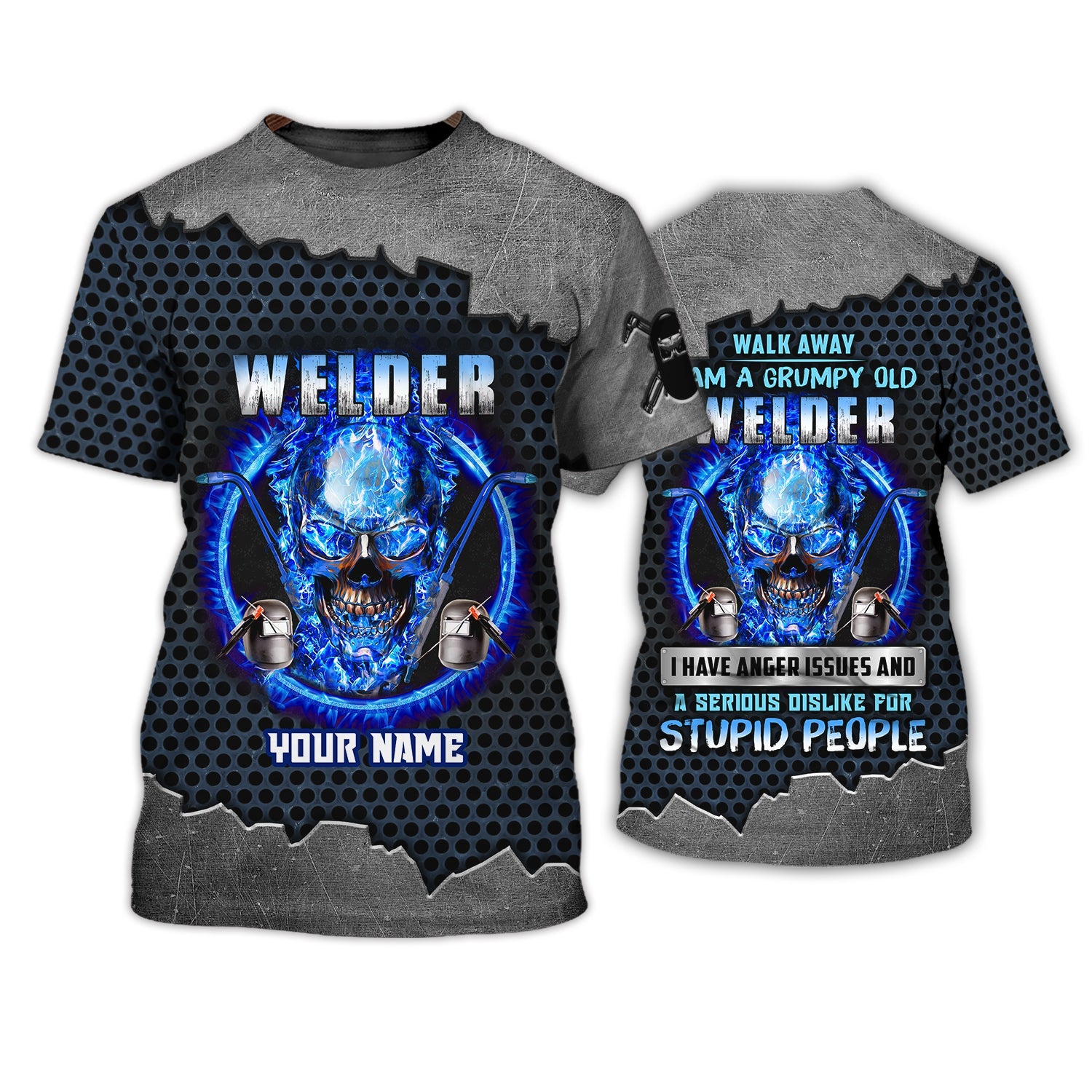 Grumpy Old Welder 3D Shirts Personalized Name, Skull On Blue Fire Welder Shirt