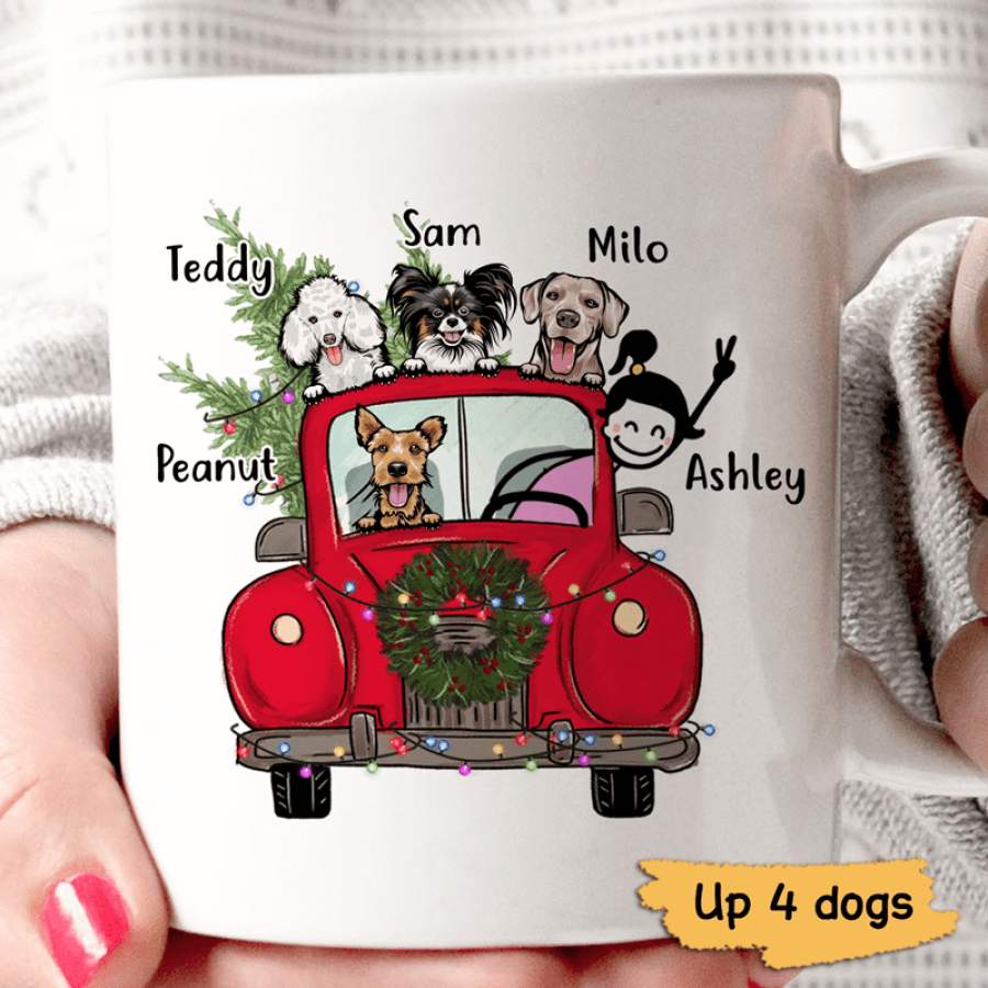 A Girl And Her Dogs Christmas Truck Personalized Mug