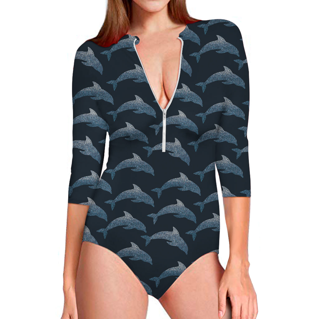 Dolphin Dot Pattern Print Long Sleeve One Piece Swimsuit