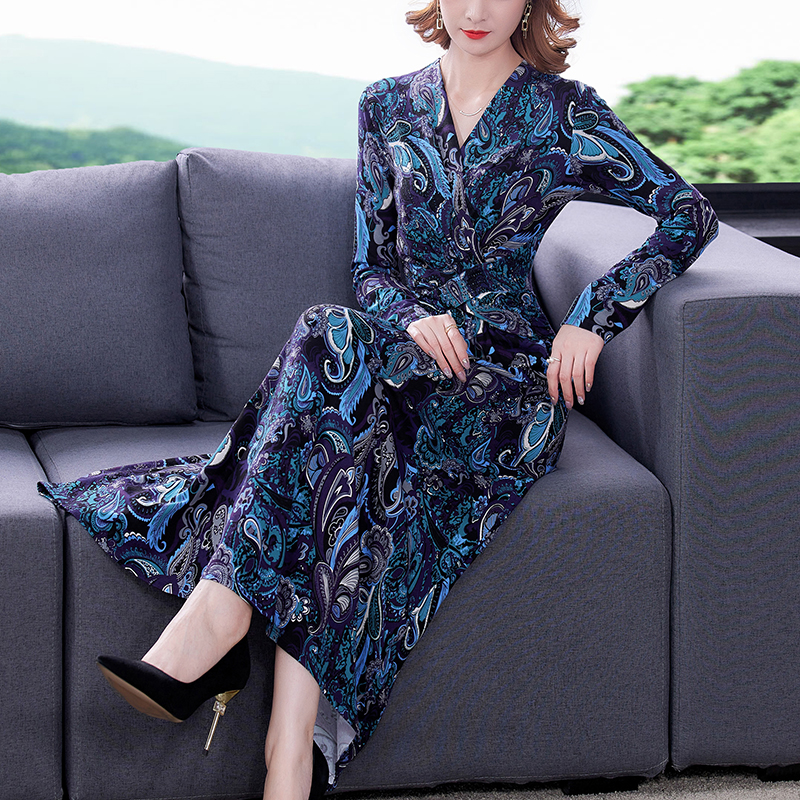 Autumn Winter Long Sleeve Elegant Maxi Dress Women Boho Blue Floral Midi Dress 2022 New Korean Vintage Casual Bodycon Vestidos alx