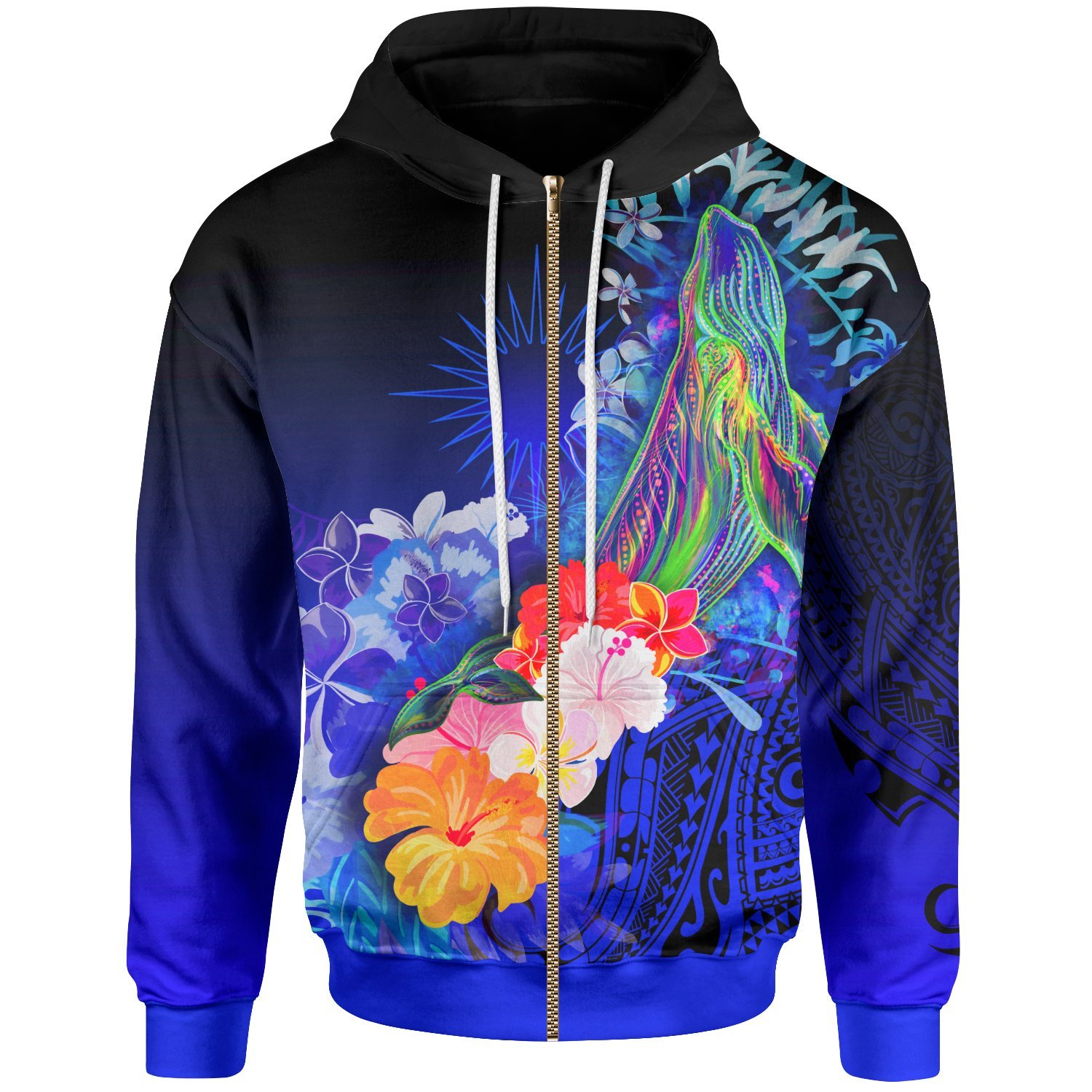 Marshall Islands Zip-Up Hoodie – Humpback Whale with Tropical Flowers (Blue)- Pacific Print Hoodie