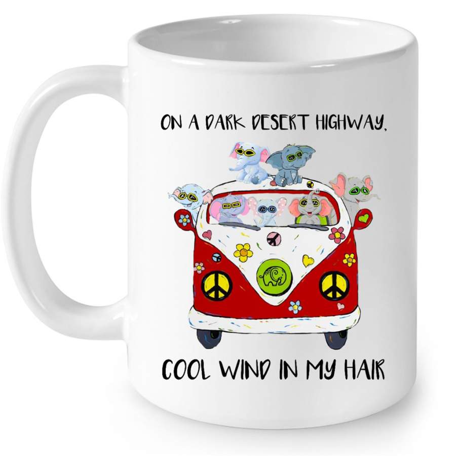 On A Dark Desert Highway, Cool Wind In My Hair, Elephant, Hippie Car, Peace Sign – Full-Wrap Coffee White Mug