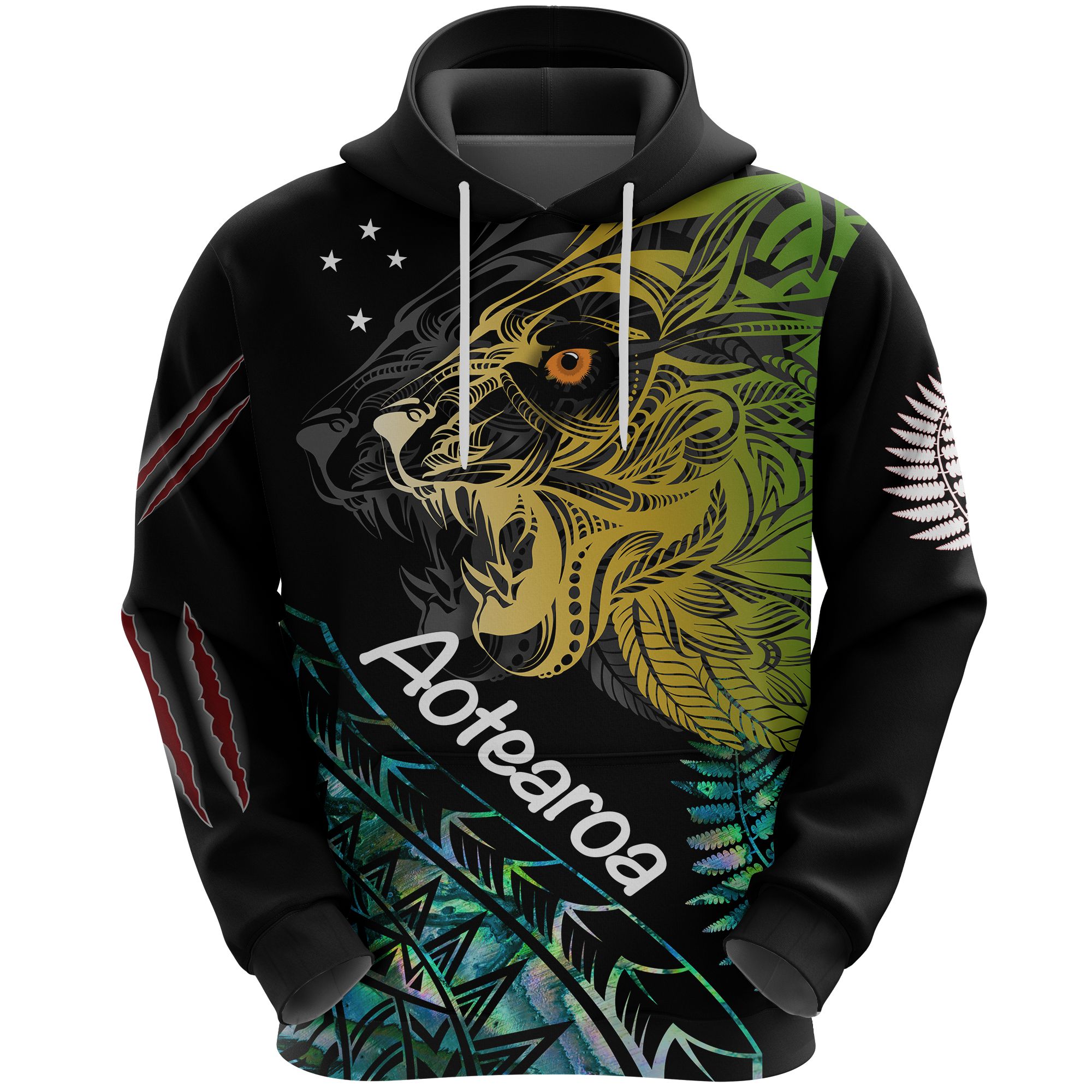 Aotearoa Tiger Hoodie Maori Paua Shell Version K13